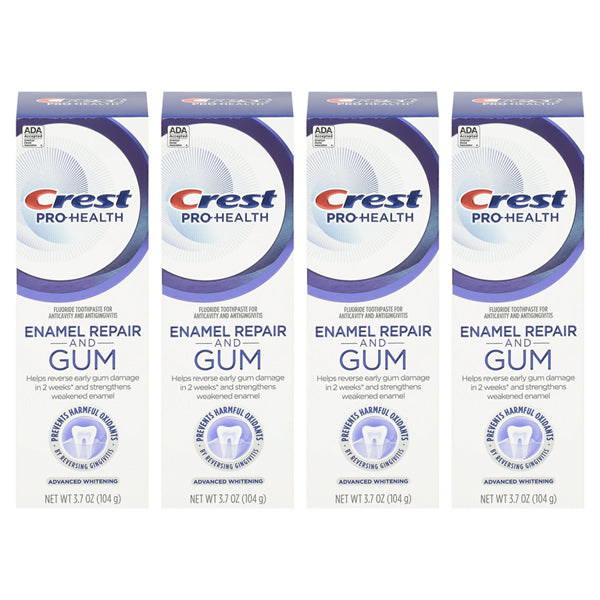 Four 3.7 oz tubes of Crest Pro-Health Gum and Enamel Repair Advanced Whitening Toothpaste, 4 pack, arranged side by side. Protects enamel and helps prevent gingivitis for healthier teeth and gums.